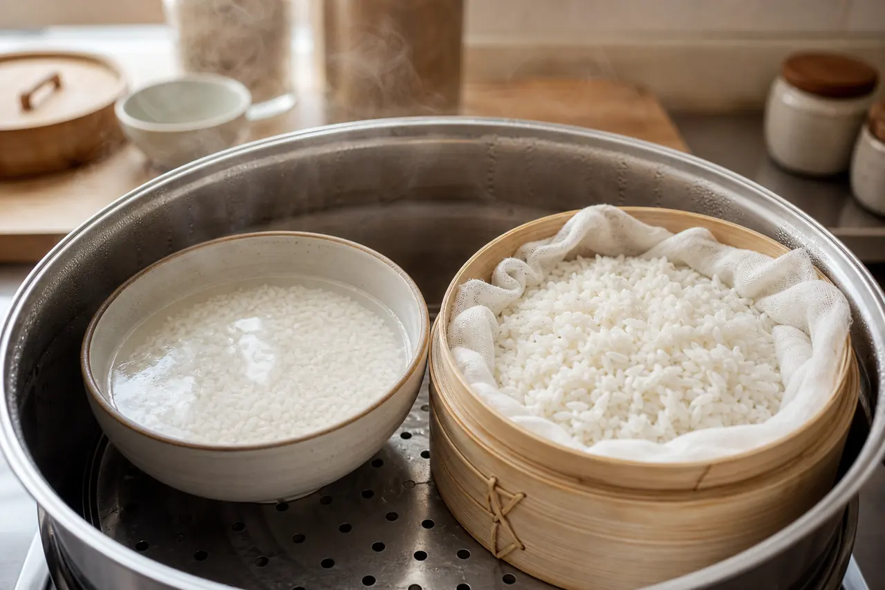 Comparaison entre cuisson du riz dans un bol et cuisson directe du riz gluant à la vapeur