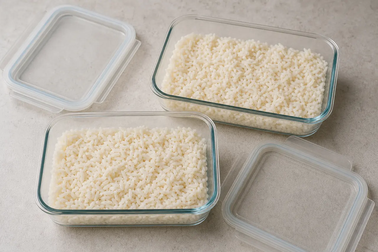 Riz cuit réparti dans des contenants bas pour refroidir rapidement