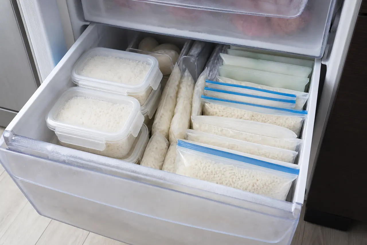 Portions de riz cuit rangées dans des contenants au congélateur