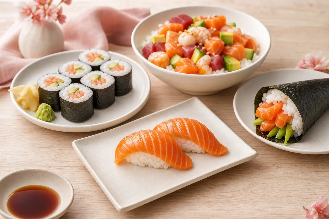 Nigiri, maki, temaki et chirashi montrant différentes exigences de tenue du riz