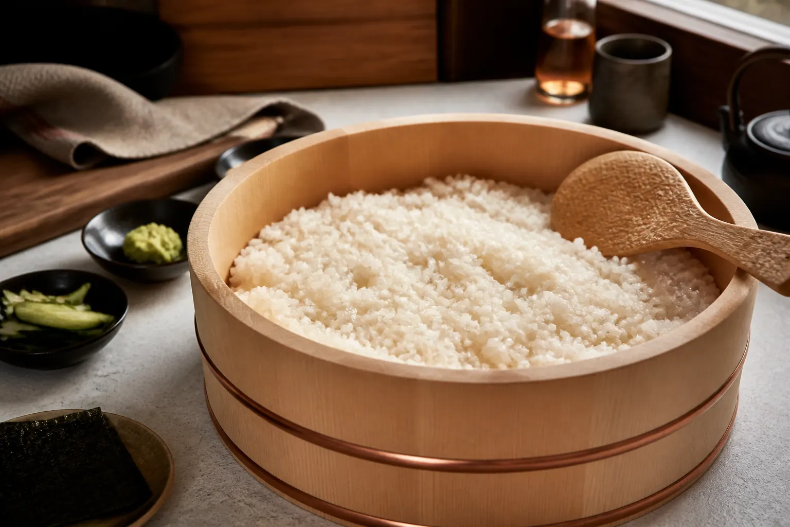 Riz à sushi brillant dans un hangiri en bois