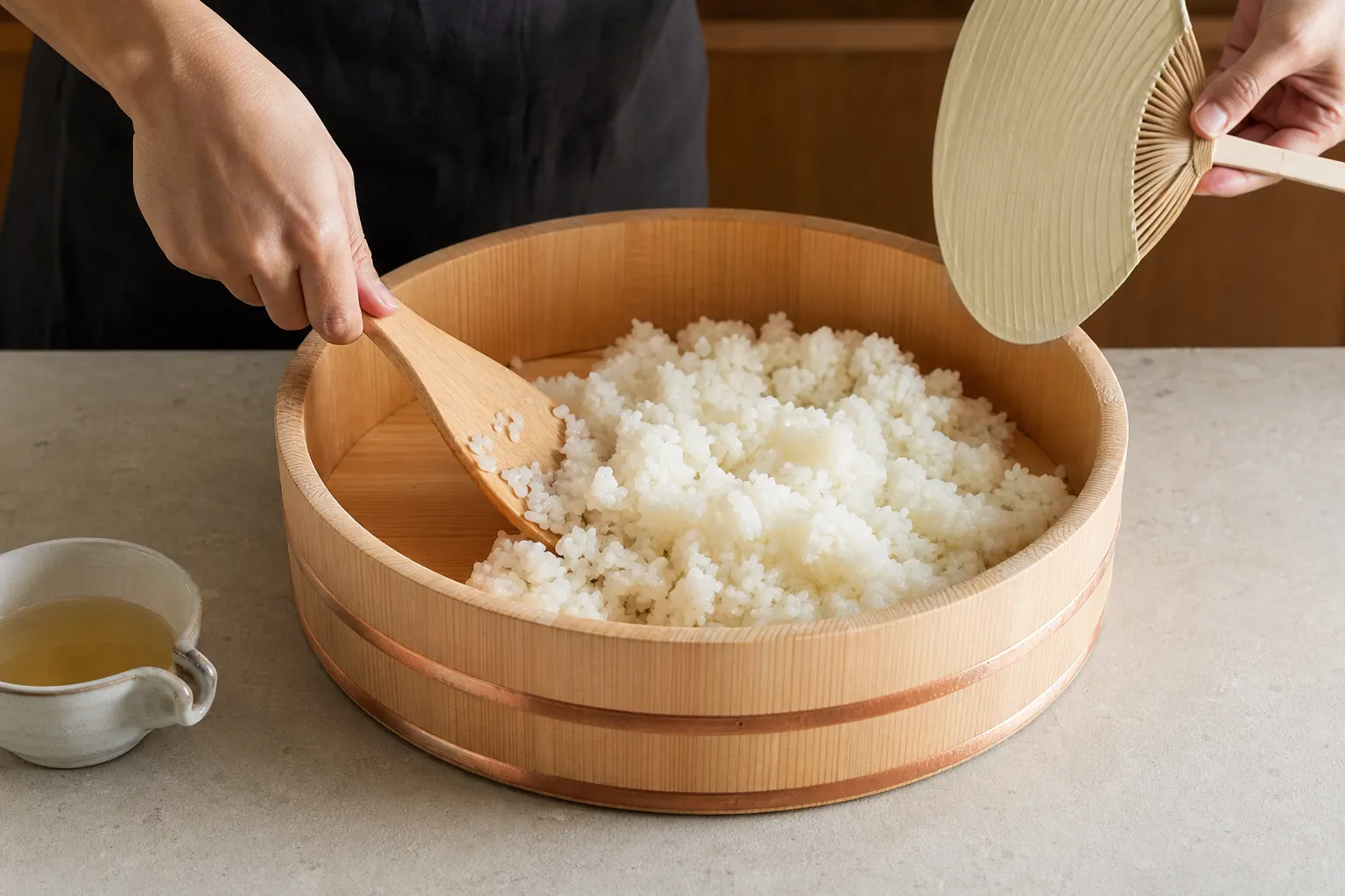 Assaisonnement et refroidissement du riz à sushi dans un hangiri