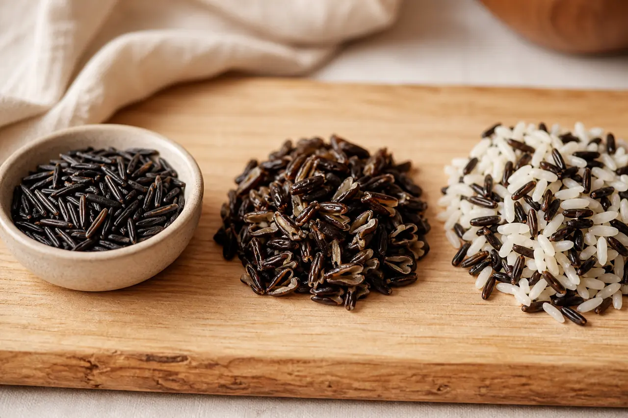 Riz sauvage cru, riz sauvage cuit et mélange de riz blanc et sauvage