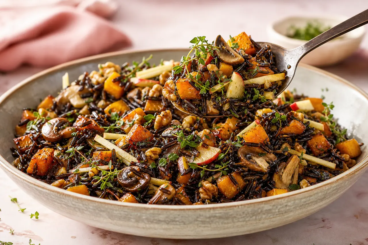 Salade tiède de riz sauvage avec courge, champignons, pomme, noix et herbes